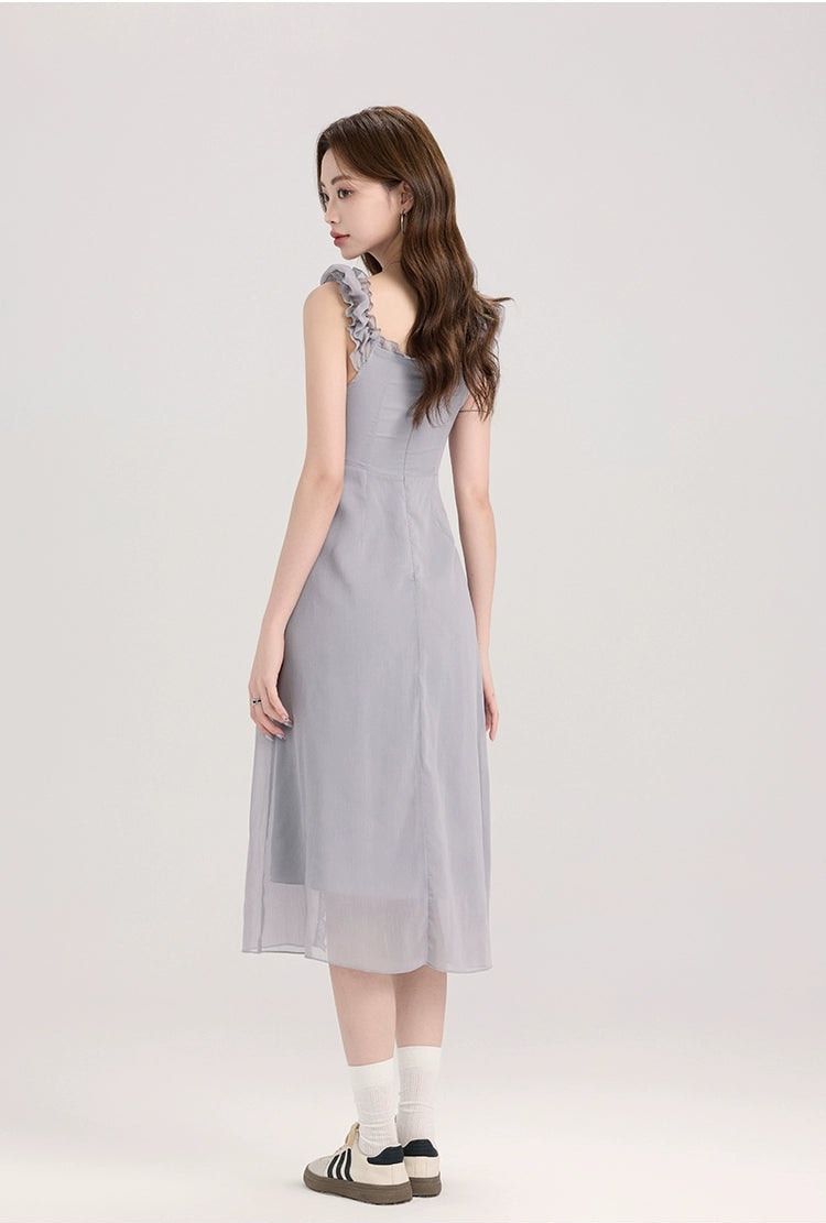 Ruffle Trim Button Front Midi Dress