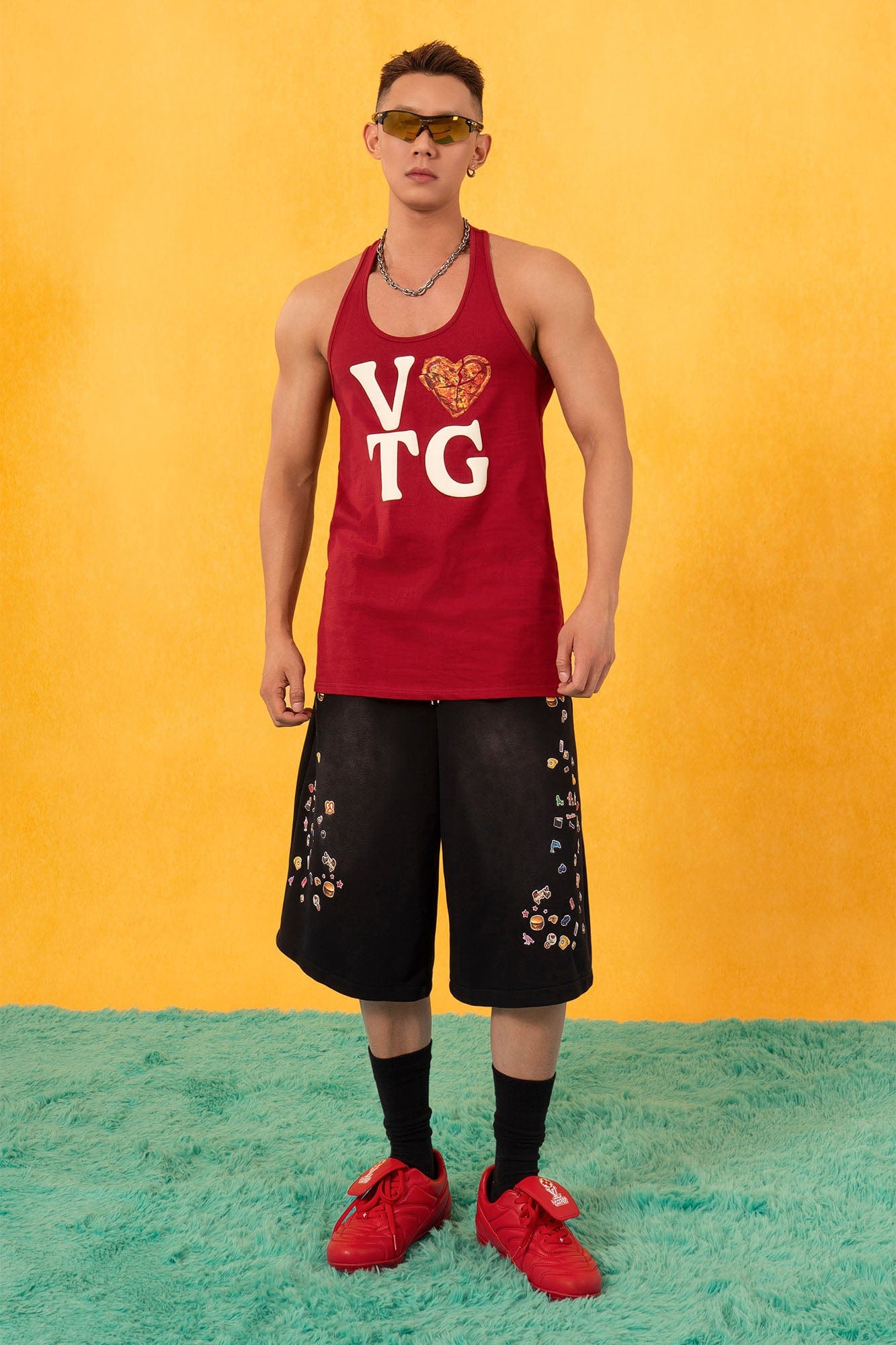 Black Sweat Shorts with Mini Sticker Print Graphics