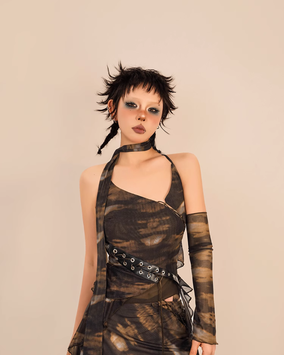 Nico Molly Abstract Tie-Dye Asymmetrical Skirt - Brown and Black