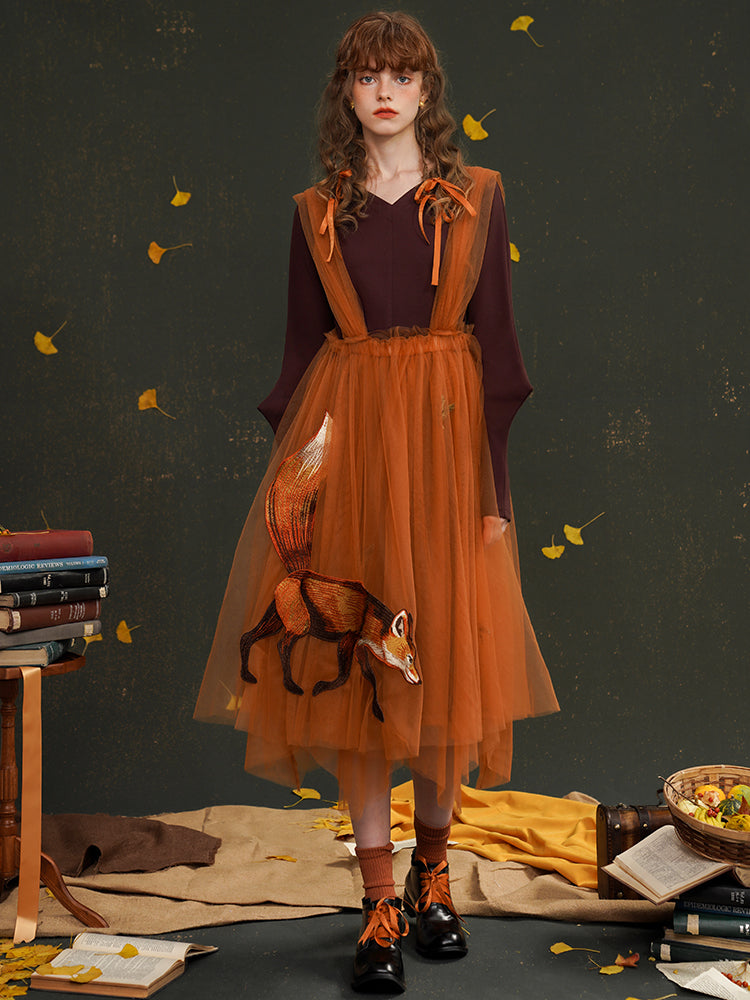 Embroidered Fox Tulle Strap Skirt - chiclara