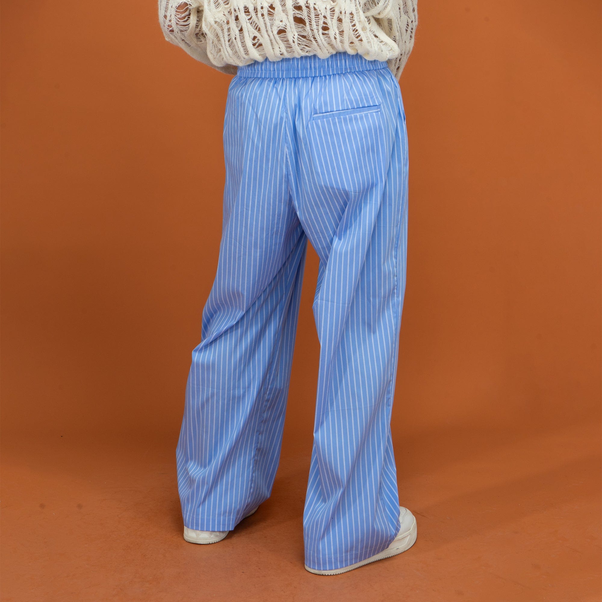 Blue Pinstripe Drawstring Wide-Leg Pants