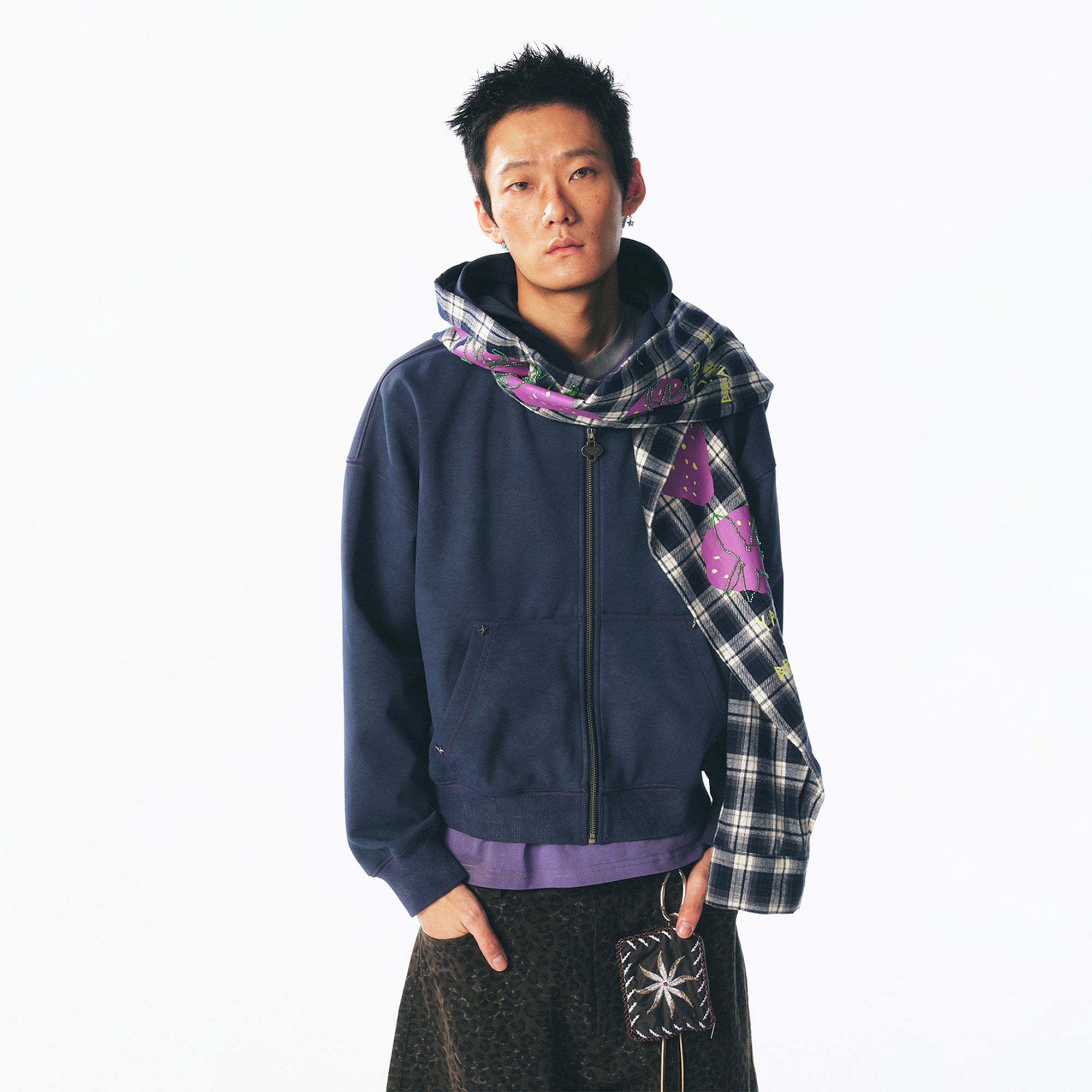 Strawberry Print Zip-Up Scarf Hoodie