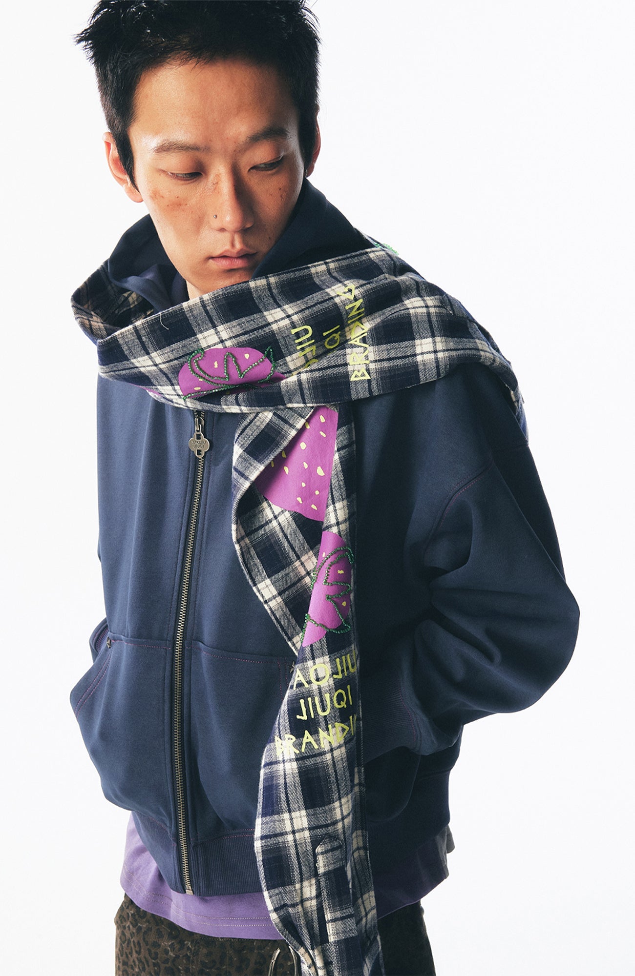 Strawberry Graphic Built in Scarf Zip Up Hoodie
