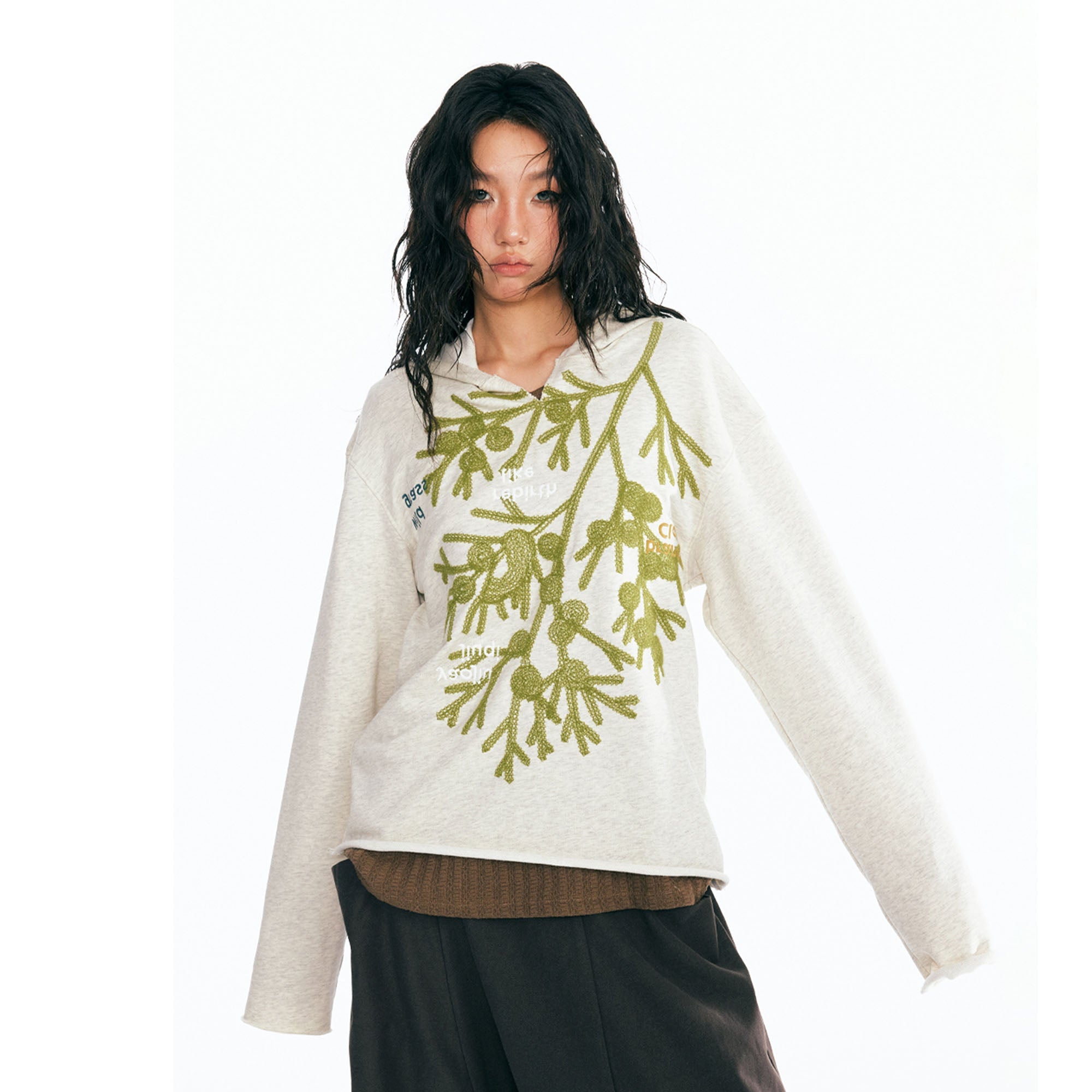 Sesame Leaf Embroidered V Neck Hoodie