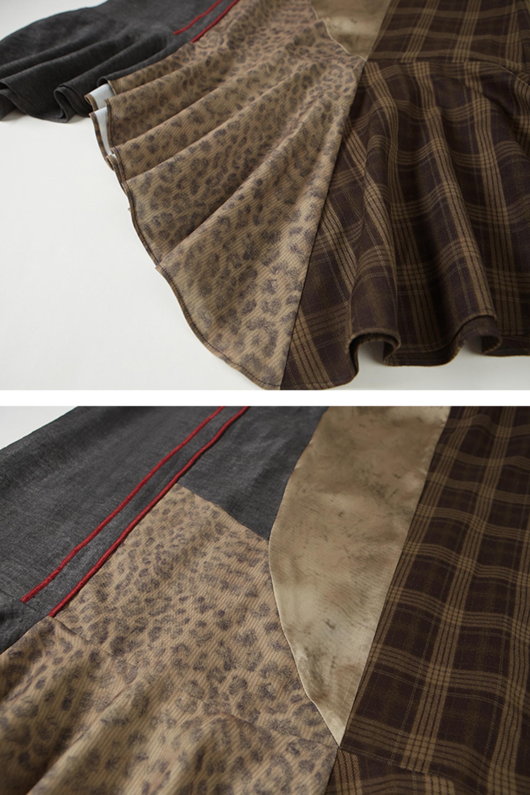 패치워크 데님 레오파드 미디 스커트