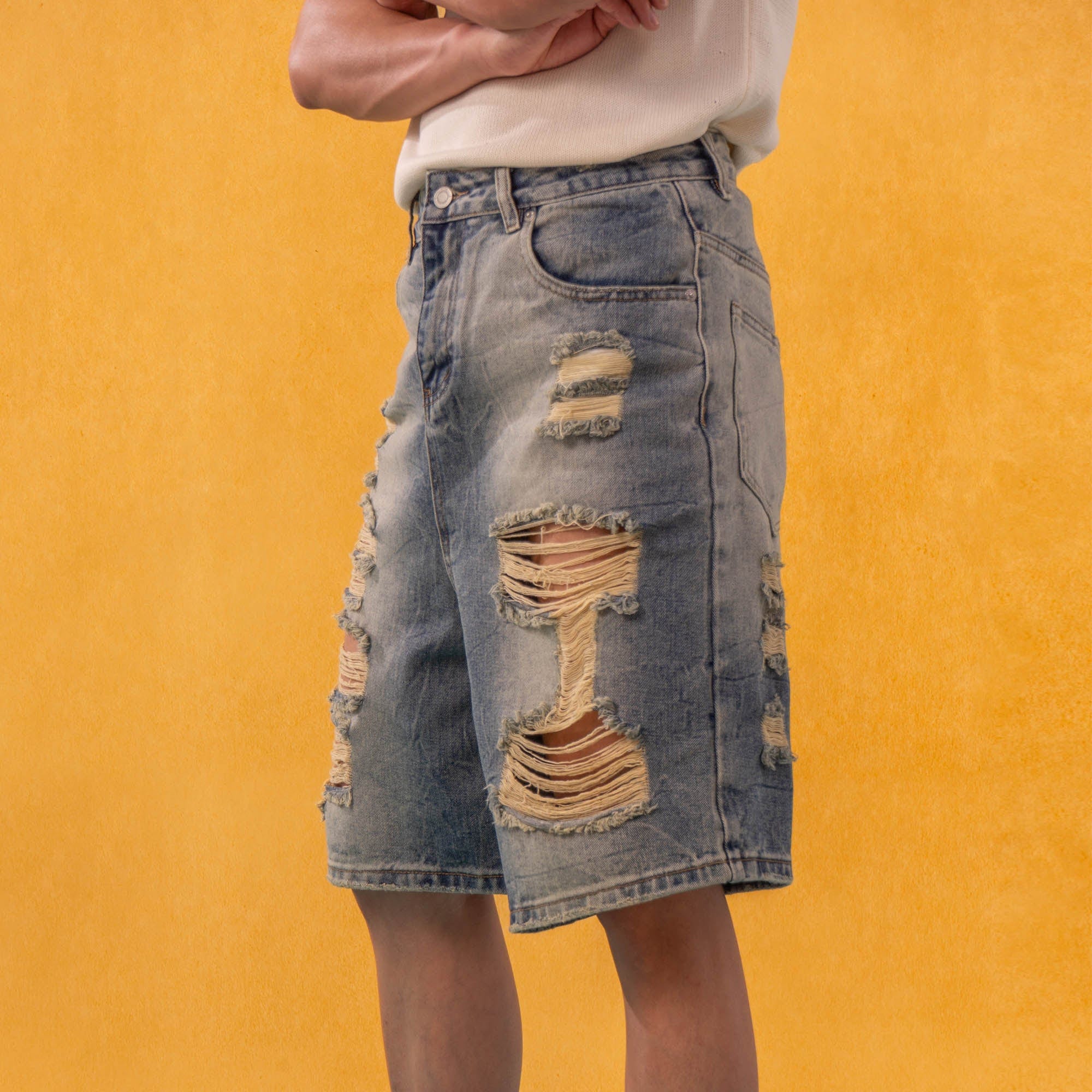 Destroyed Frayed Denim Shorts