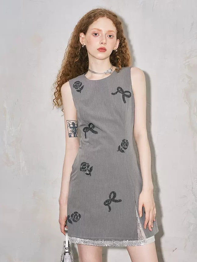 Ribbon&Flower Sleeveless Waist Slimming One-Piece - chiclara