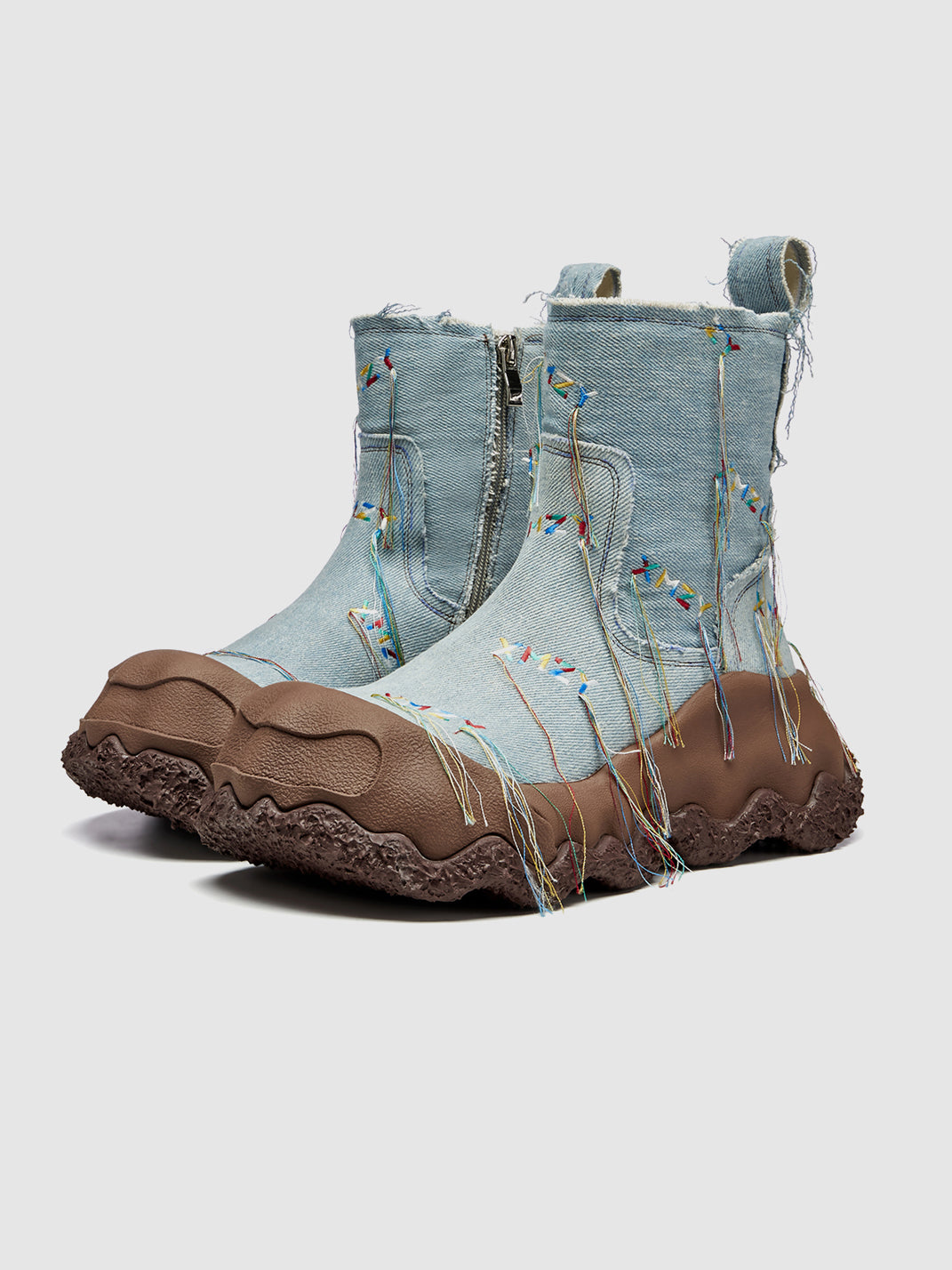 "geometric Planet" Western Fringed Ankle Boots Denim Blue