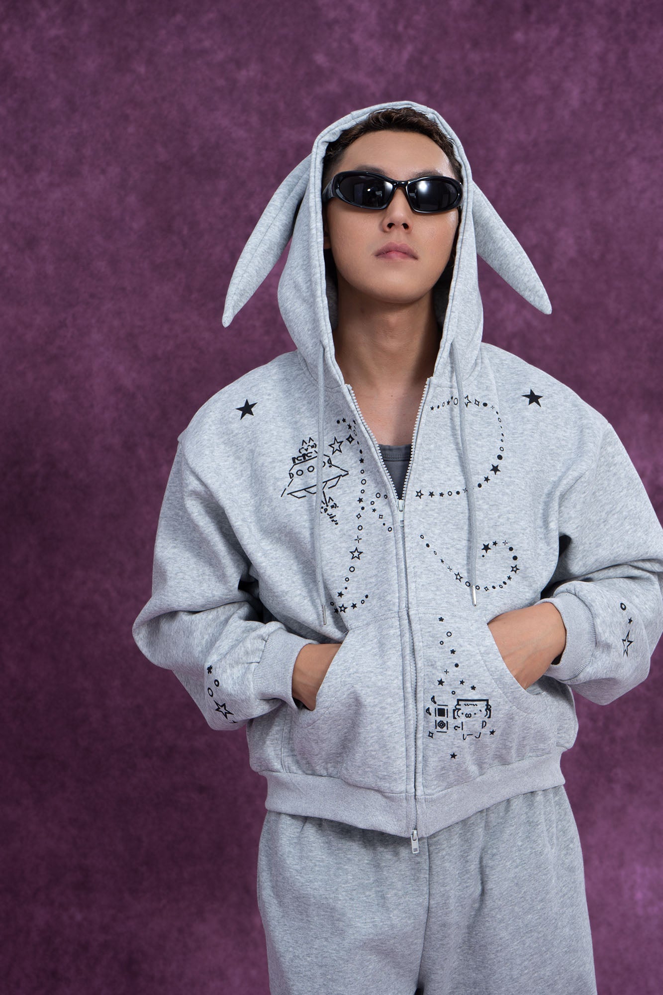 Gray Bunny Ear Zip Hoodie