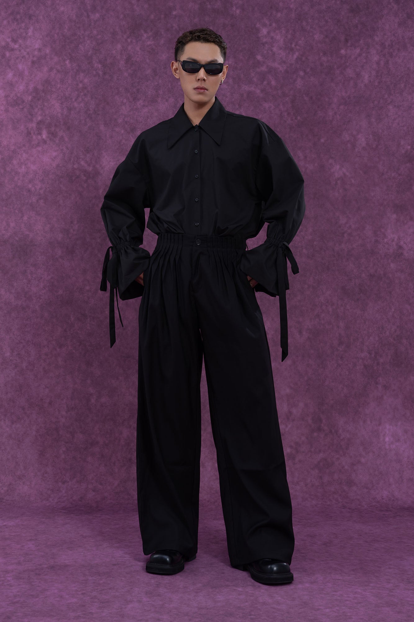 Button-Up Shirt with Tied Balloon Sleeves