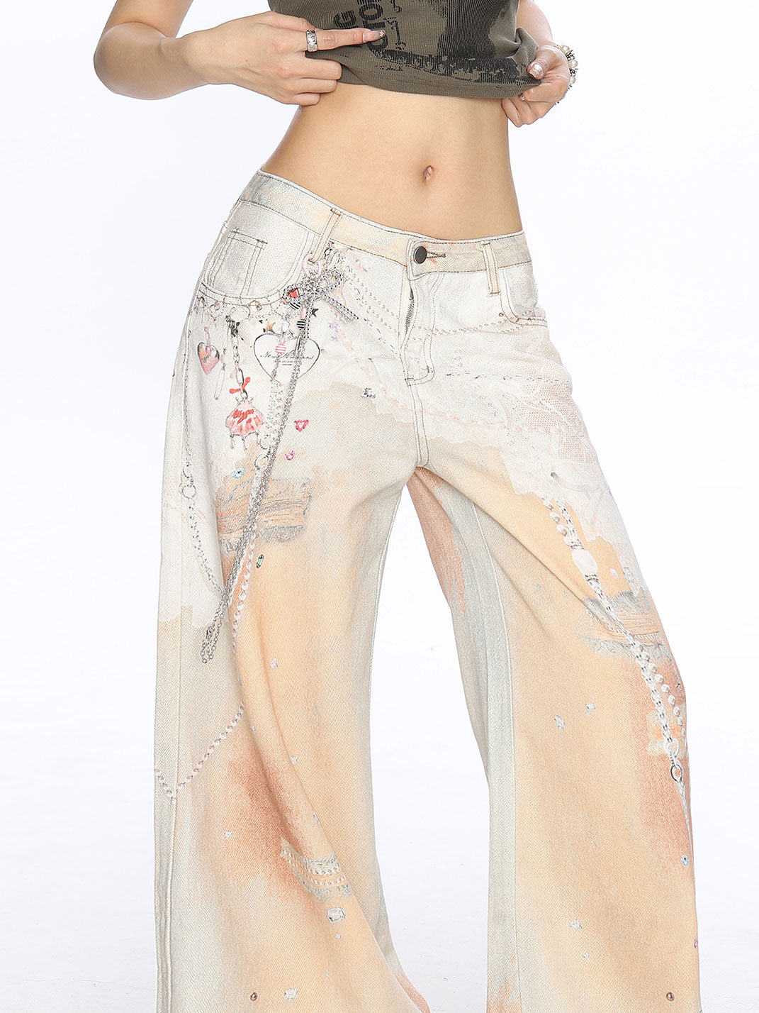 3D Chain Print Wide-leg Jeans