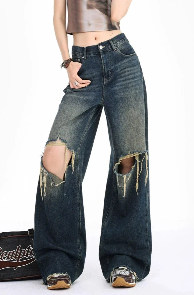 Distressed Raw Hem Dark Wide Leg Jeans