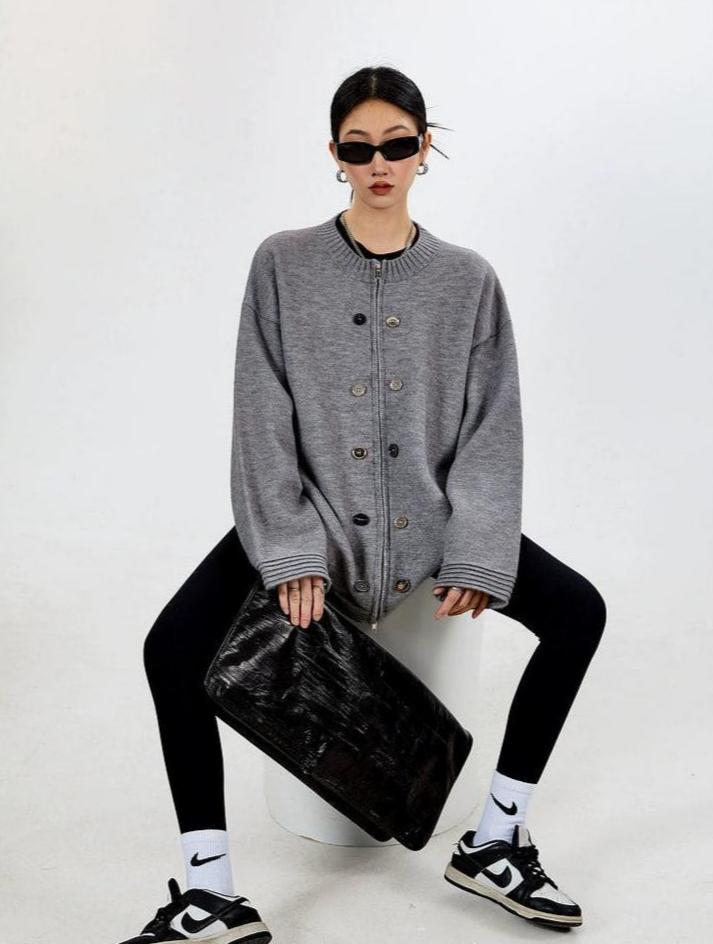 Ribbed Trim Oversized Button Zip Knit Cardigan