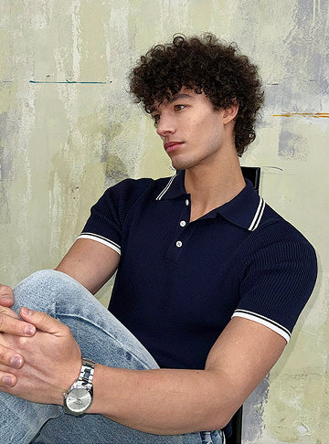 Retro Ribbed Polo Knit Light Blue