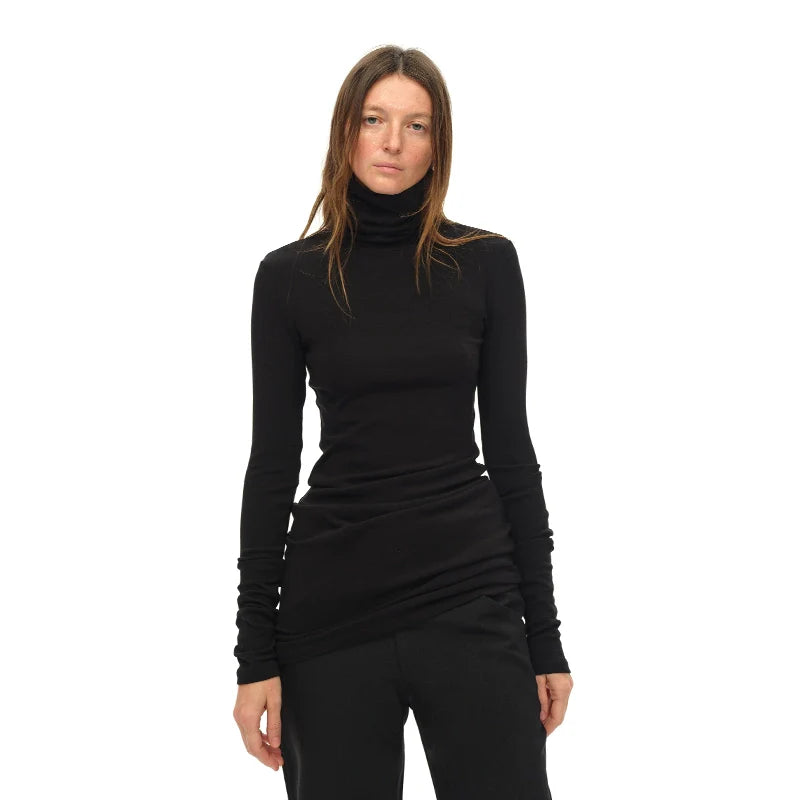 Black Turtleneck Draped Knit Top