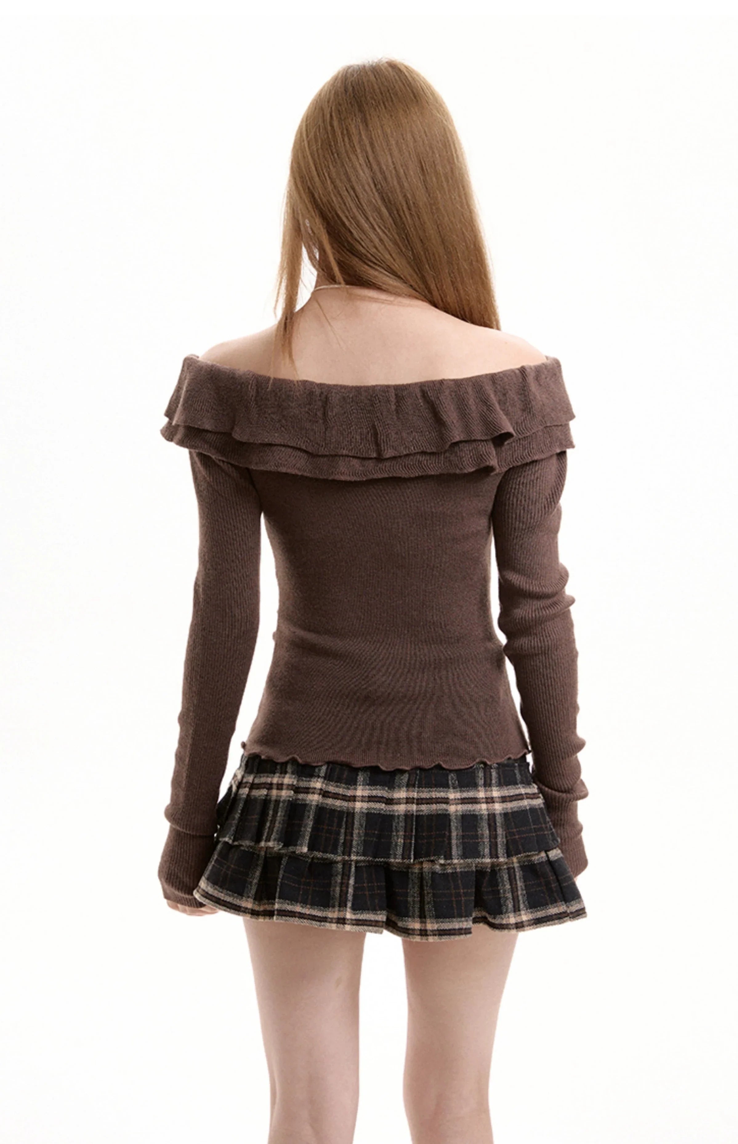 Ruffled Off-Shoulder Ruched Sweater