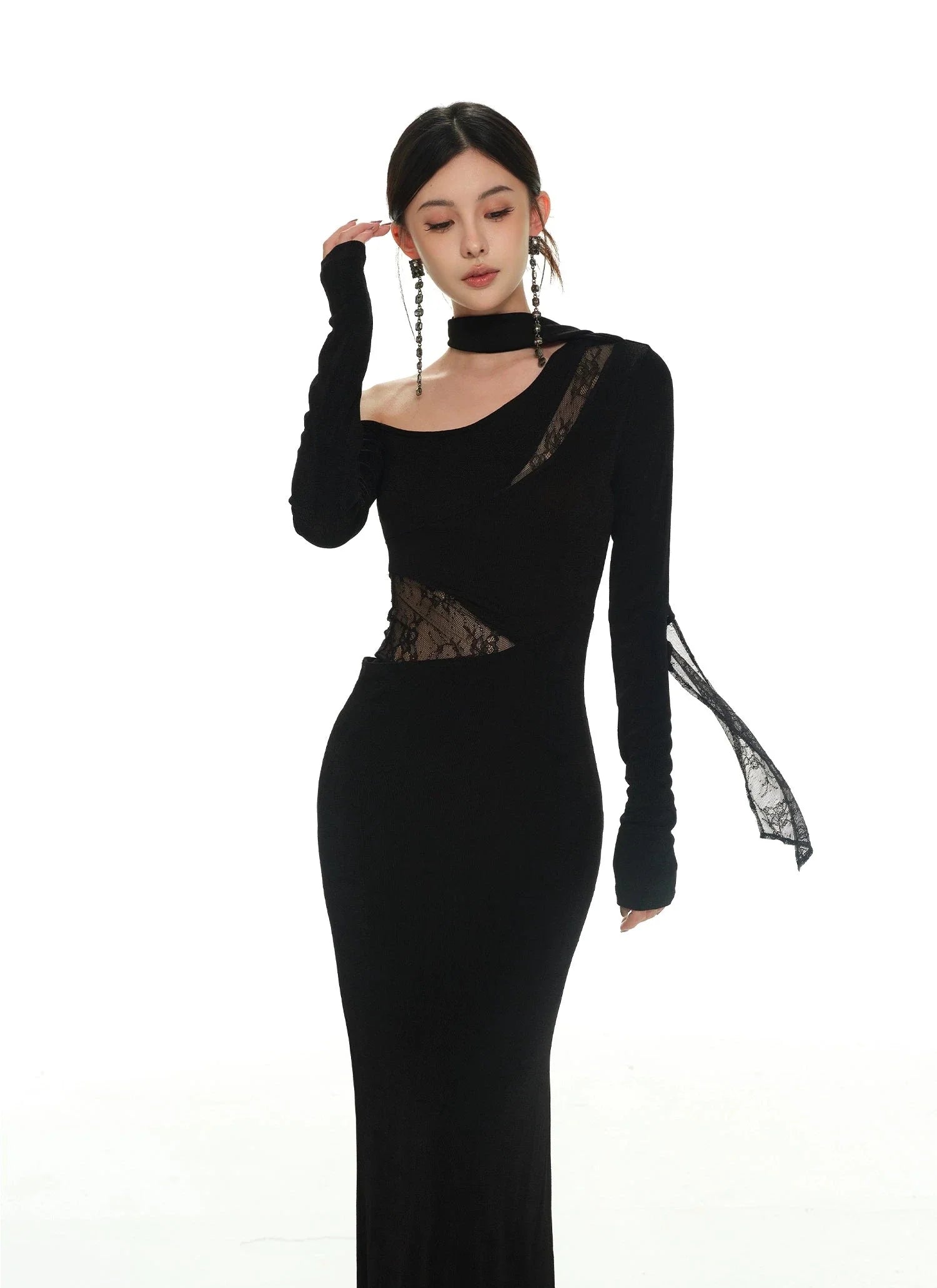 Black Asymmetric Neckline and Lace Inserts Long Evening Gown