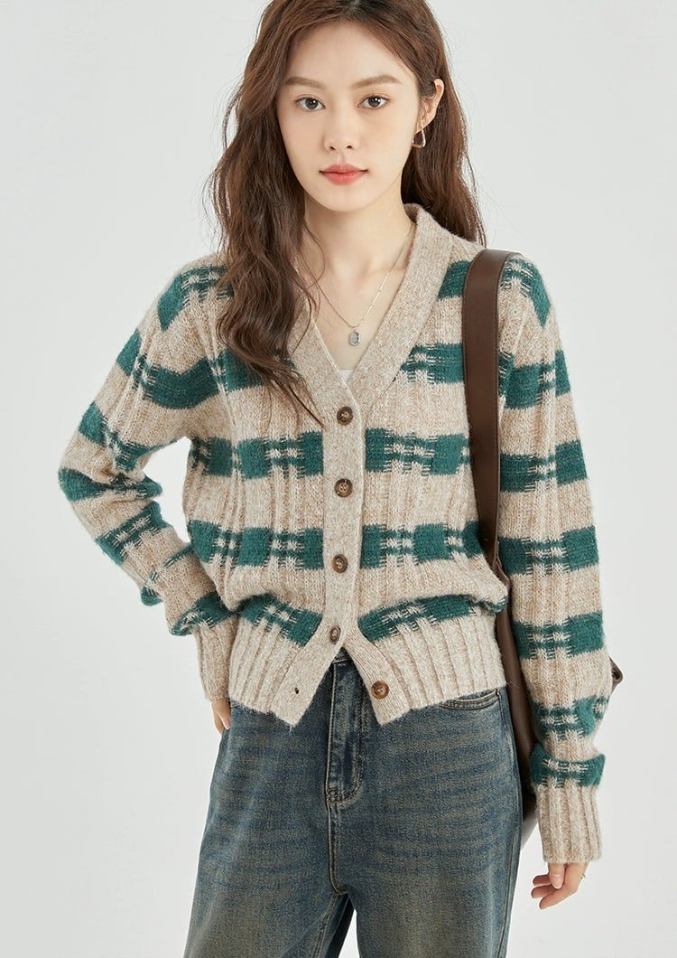 Green and Beige Plaid Knit Cardigan