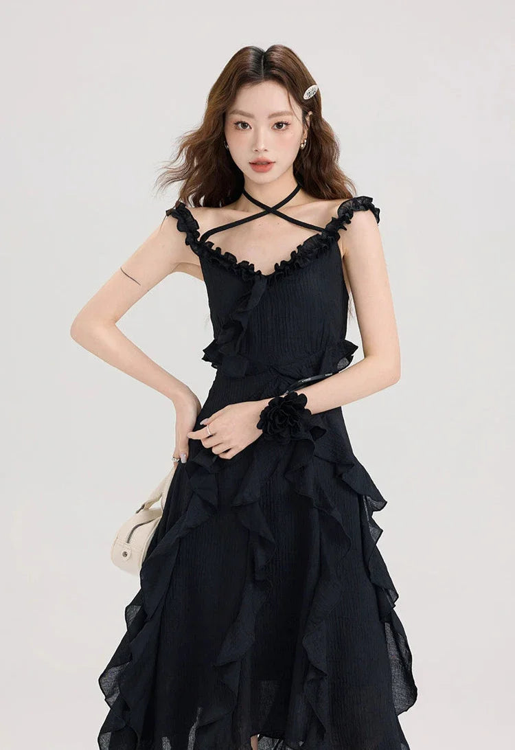 Black Ruffle Asymmetric Halter Dress