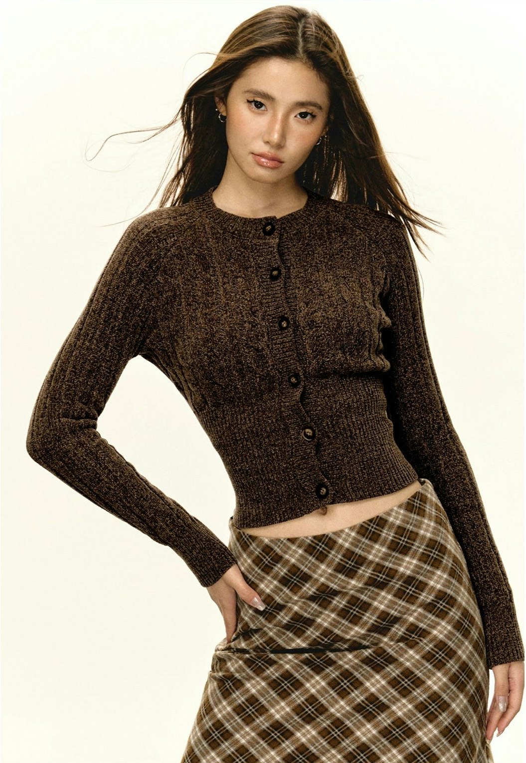 Brown Fitted Ribbed Button Cardigan