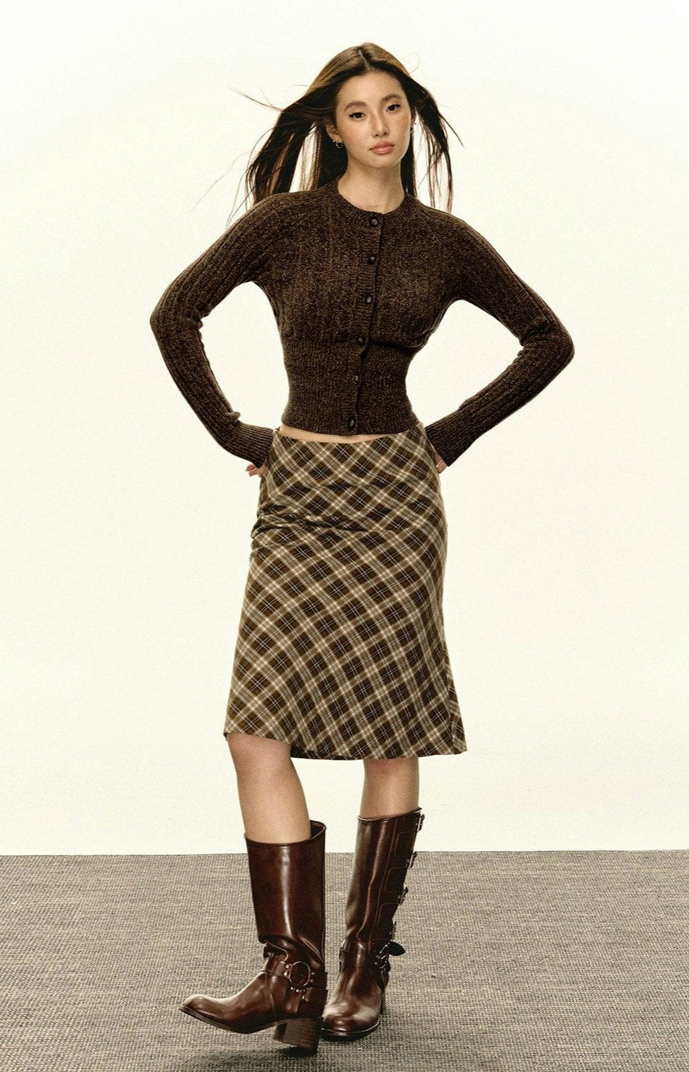 Brown Fitted Ribbed Button Cardigan