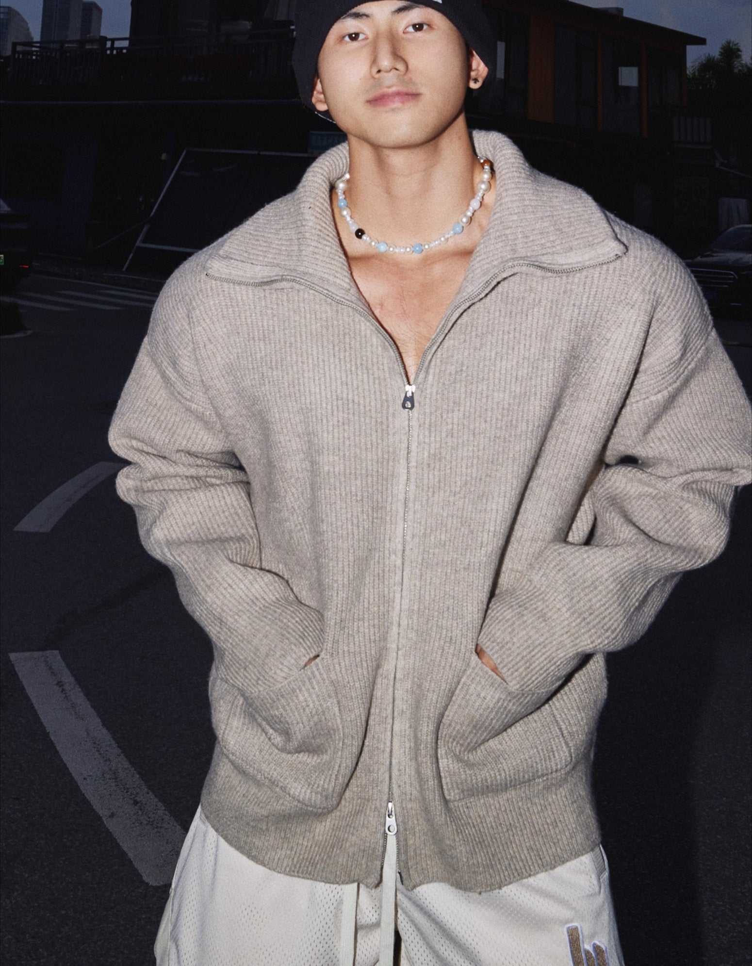 Zip Up Wide Collar Knit Jacket