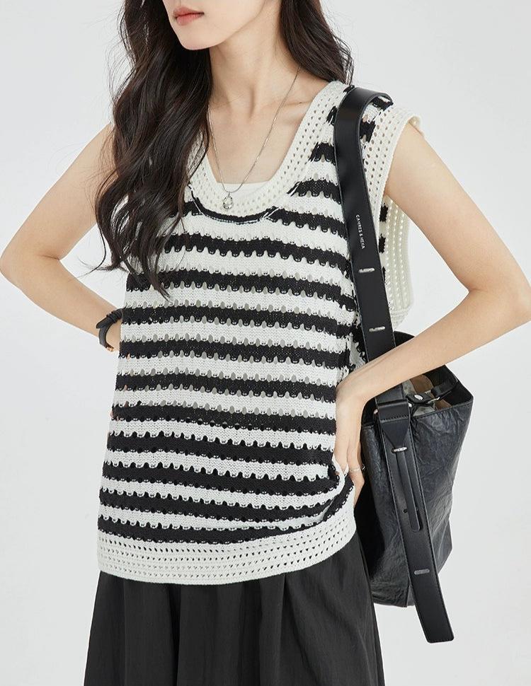 Striped Crochet Sleeveless Knit Top