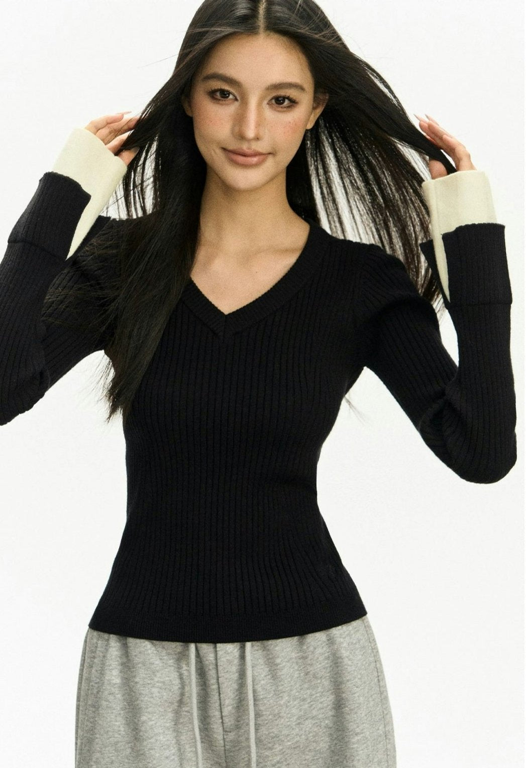 Ribbed V-Neck Contrast Sweater