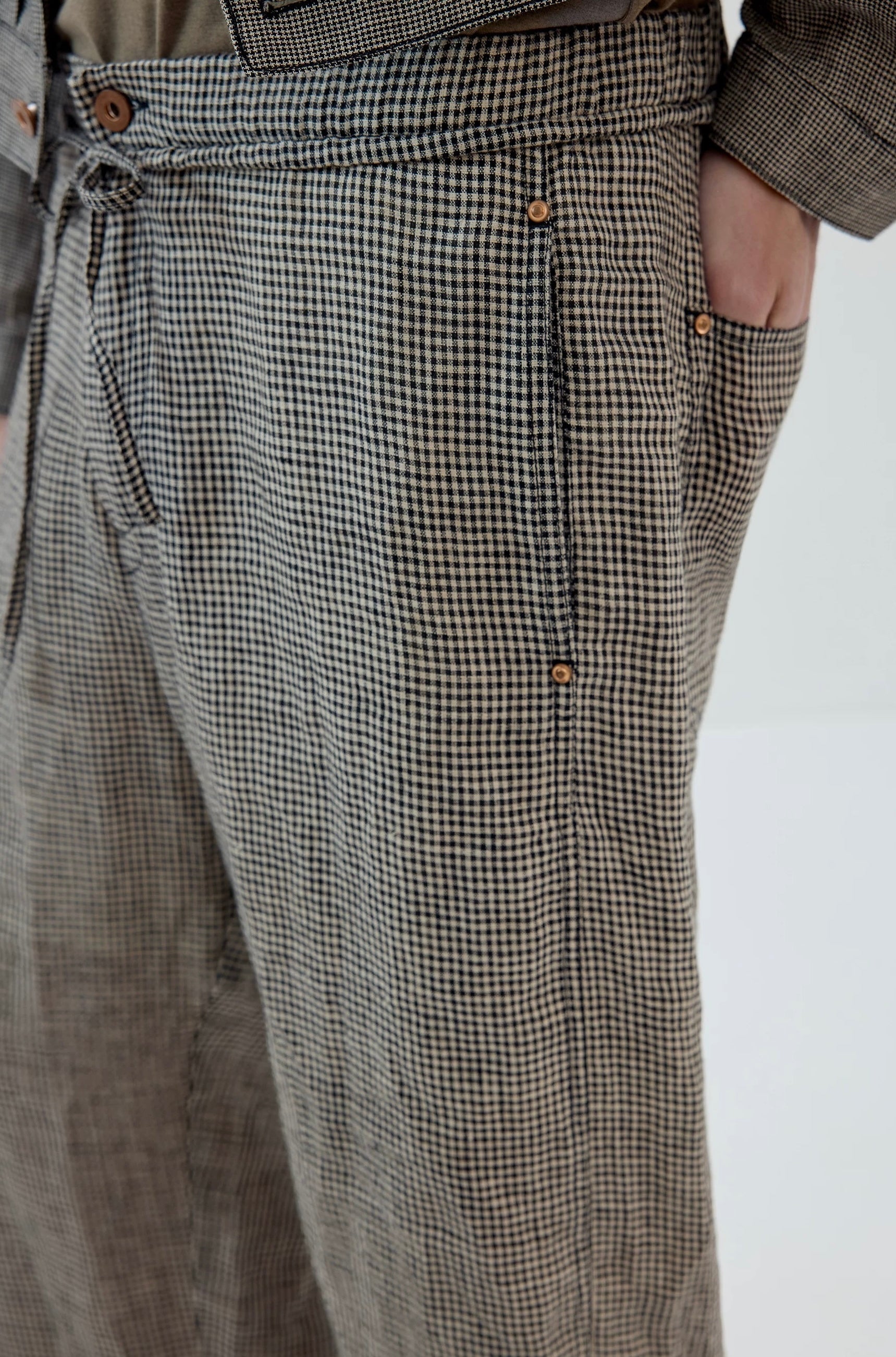 Plaid Linen Drawstring Trousers
