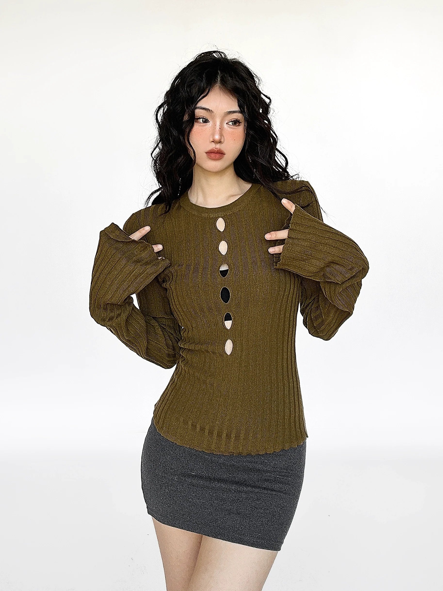 Cutout Ribbed Bell Sleeve Top