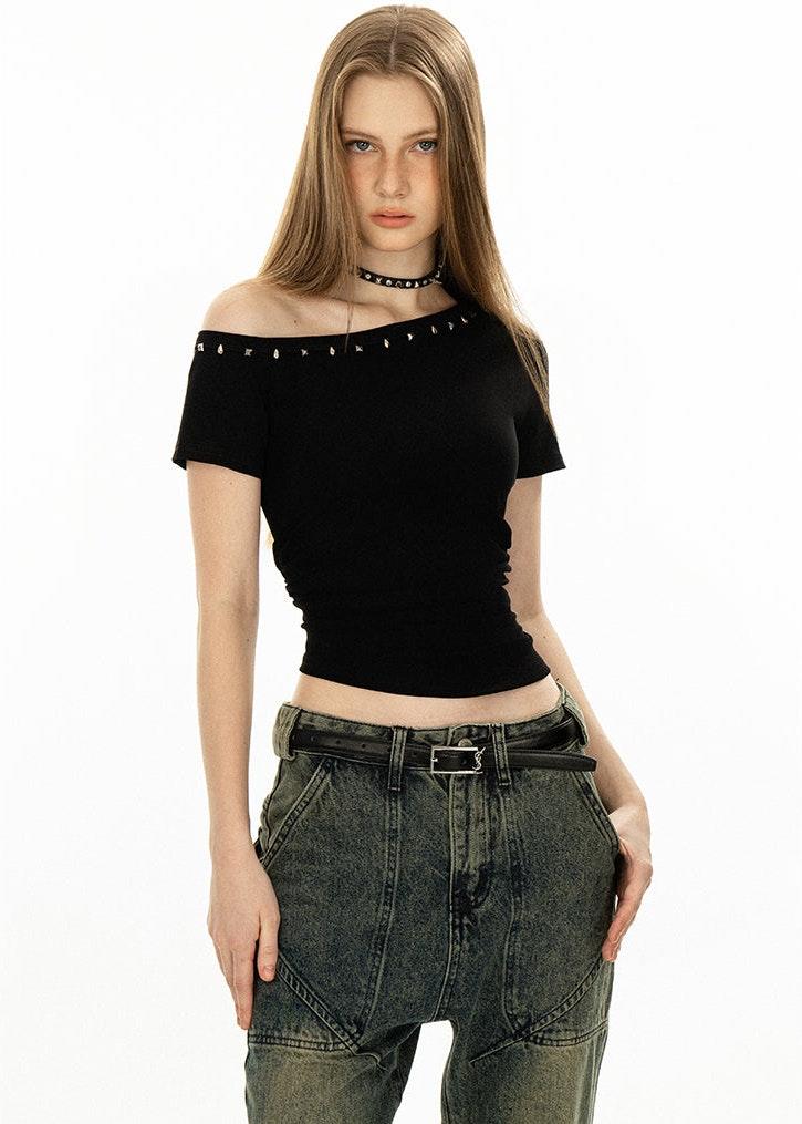 Studded Off Shoulder Crop Top