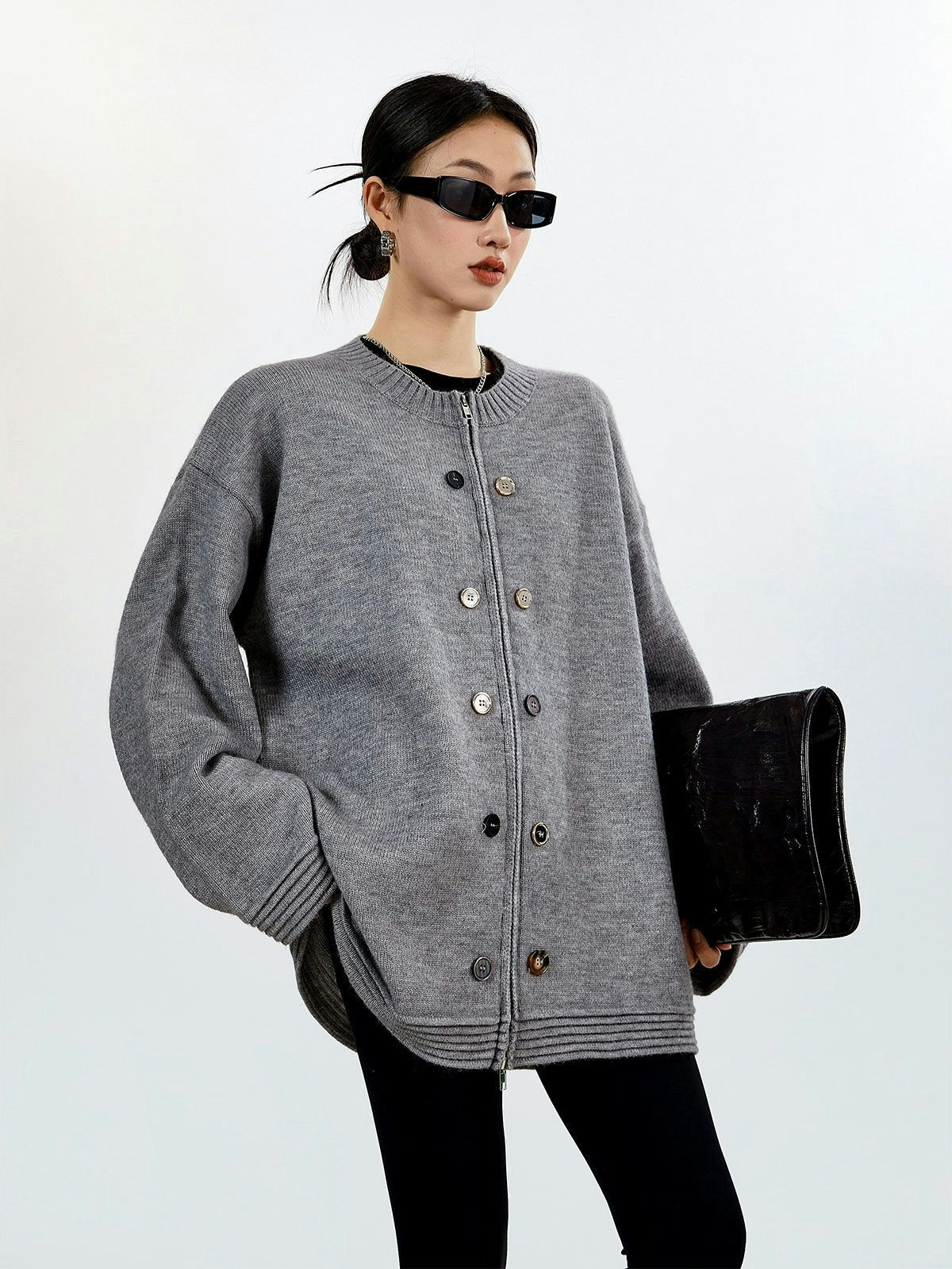 Ribbed Trim Oversized Button Zip Knit Cardigan