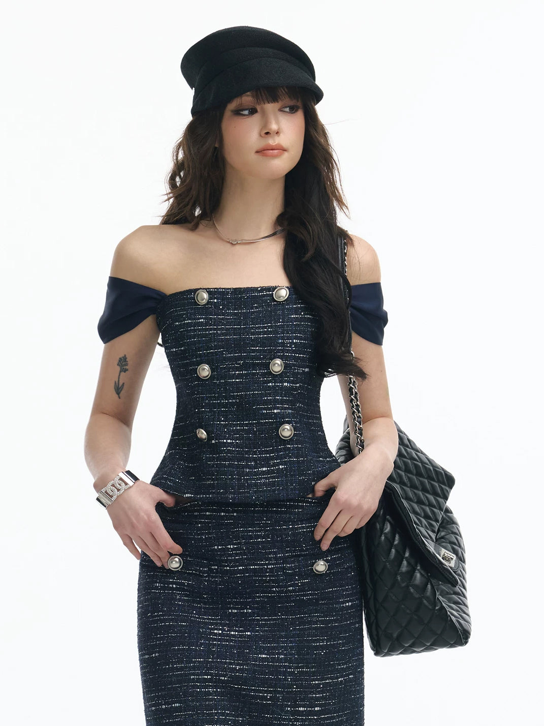 Silver-Fleck Navy Tweed Bardot Top or Pencil Skirt - view 1