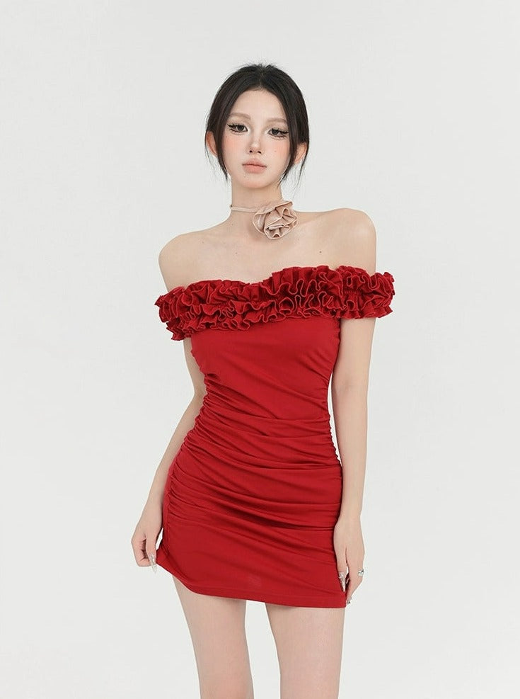 Red Ruffle Shoulder Mini Dress