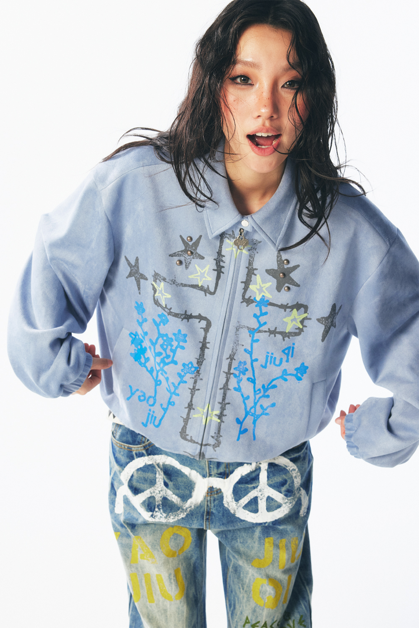Floral Cross Faux Suede Zip Jacket