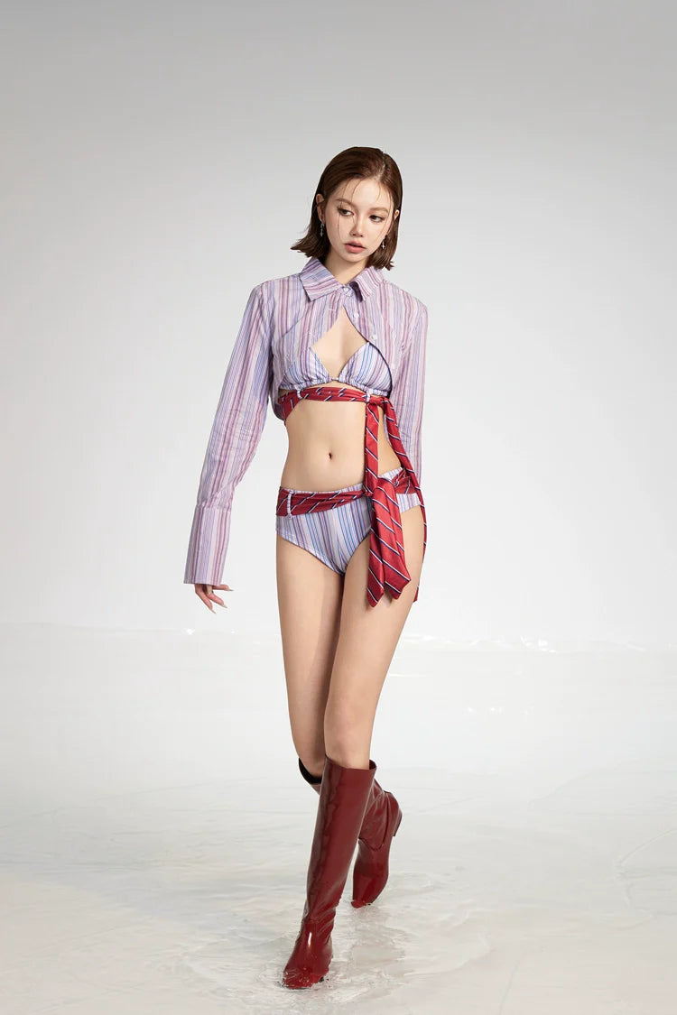 Striped Tie-Front Bikini Set with Long Sleeve Cover-Up