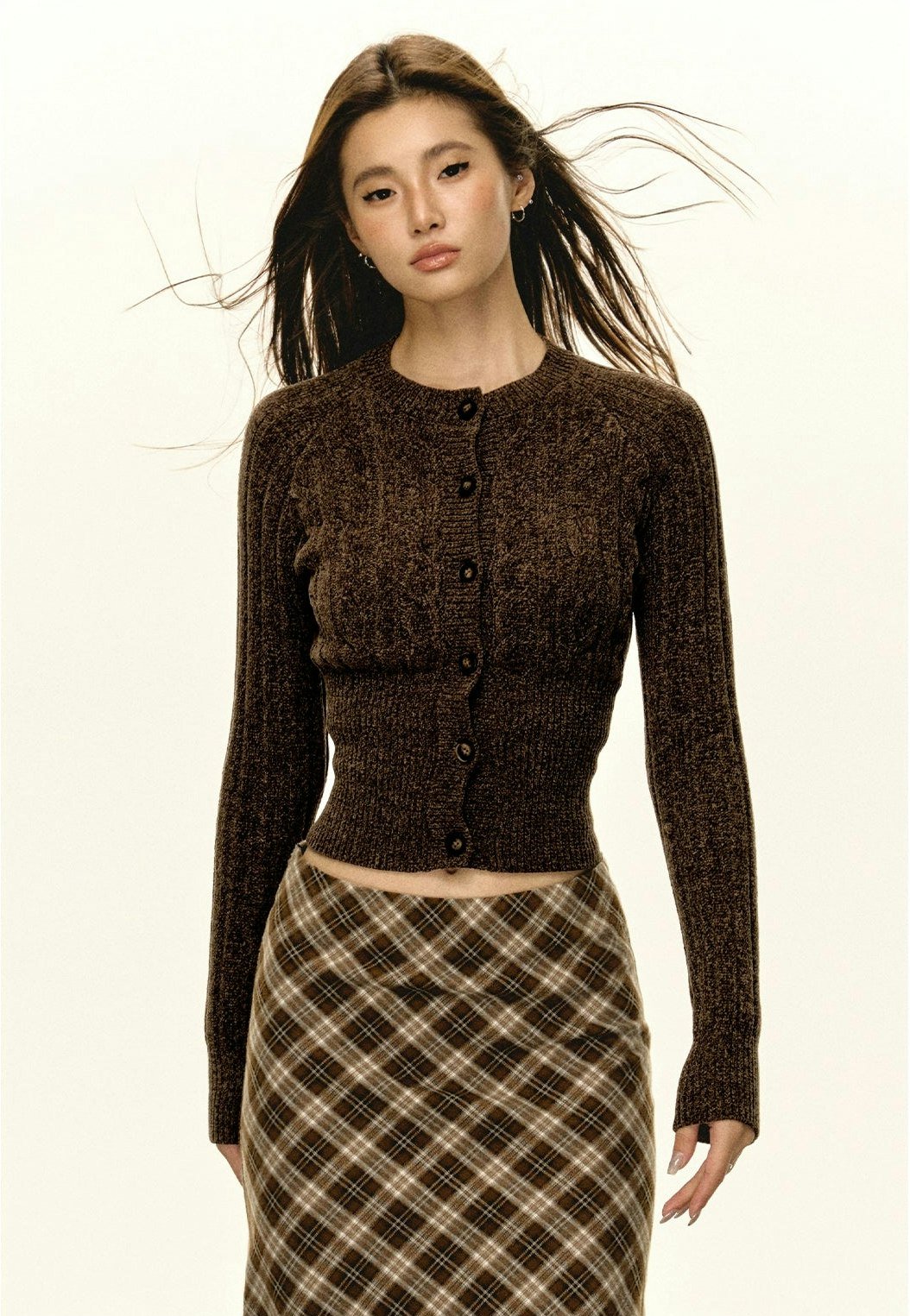 Brown Fitted Ribbed Button Cardigan