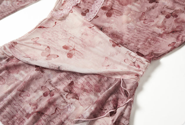 Rosa florale Langarm Midi Kleid