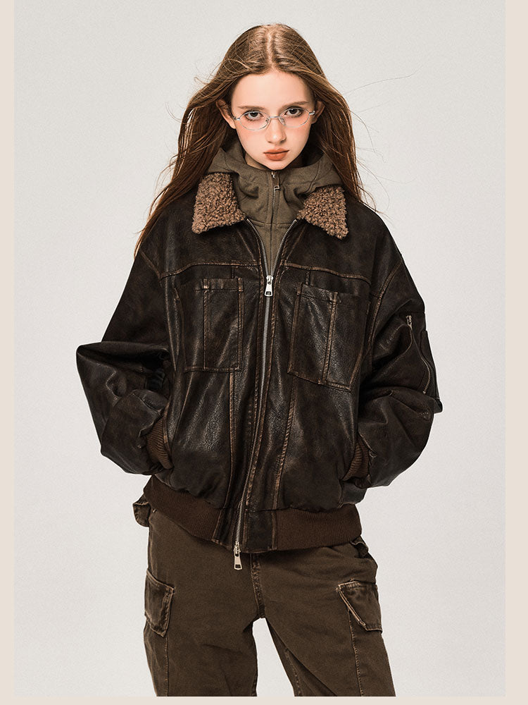 Veste en cuir PU avec col en laine d'agneau