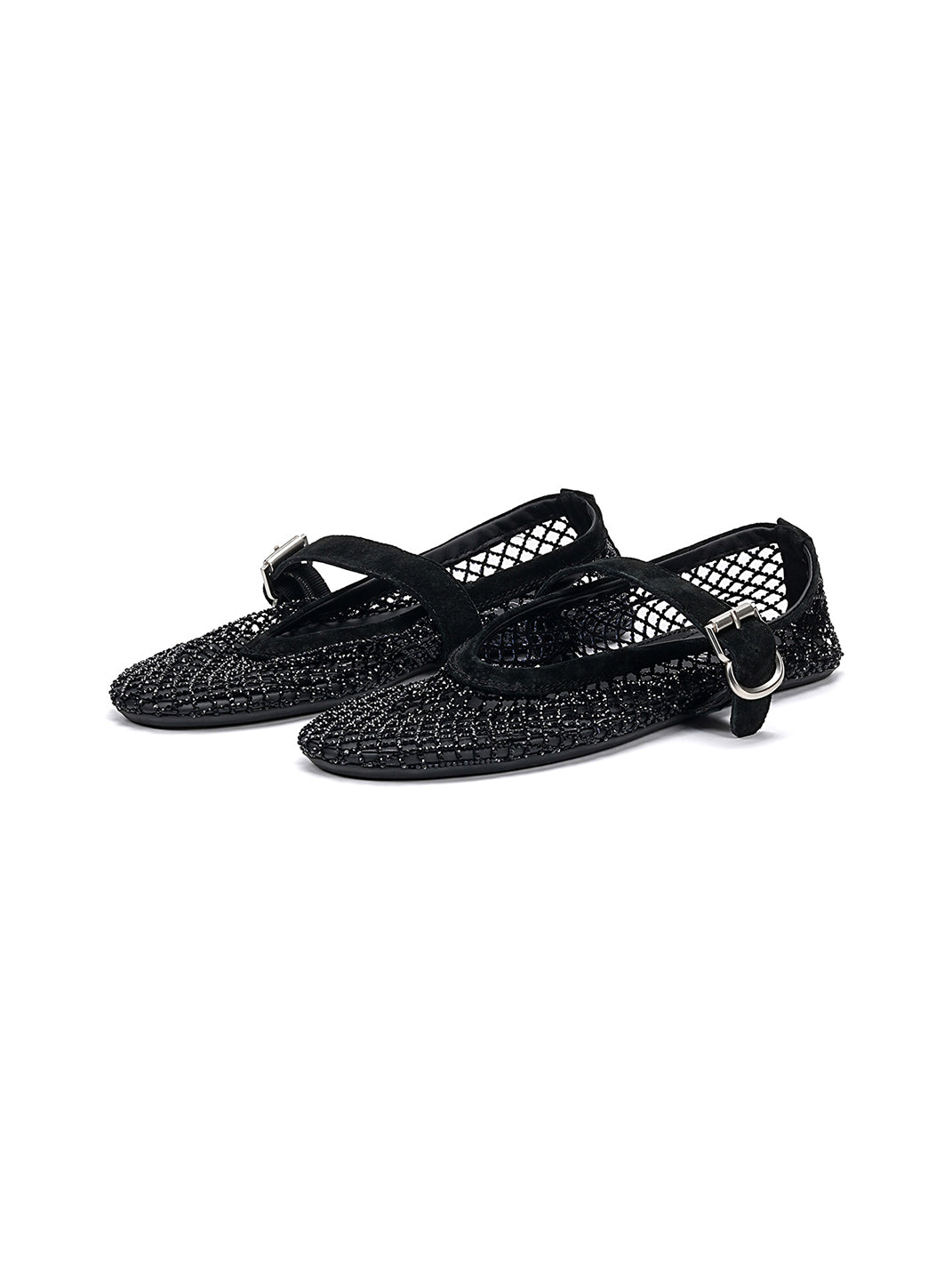 Woven Mesh Mary Jane Mules With Buckle Strap-Black