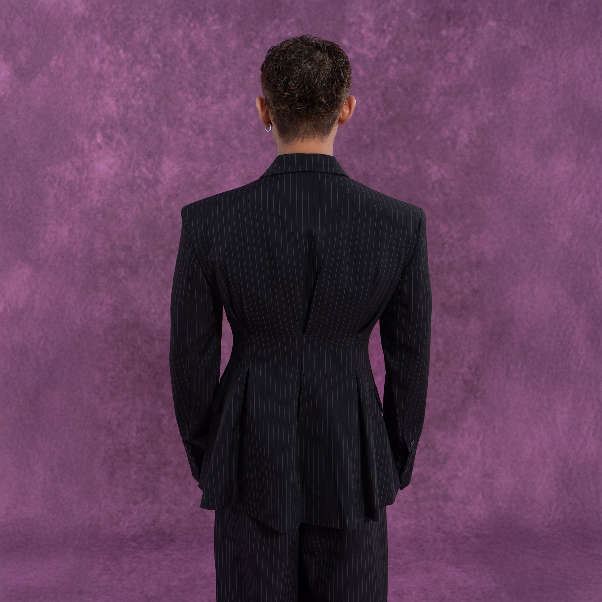 Black Pinstripe Cinched Waist Double-Breasted Blazer