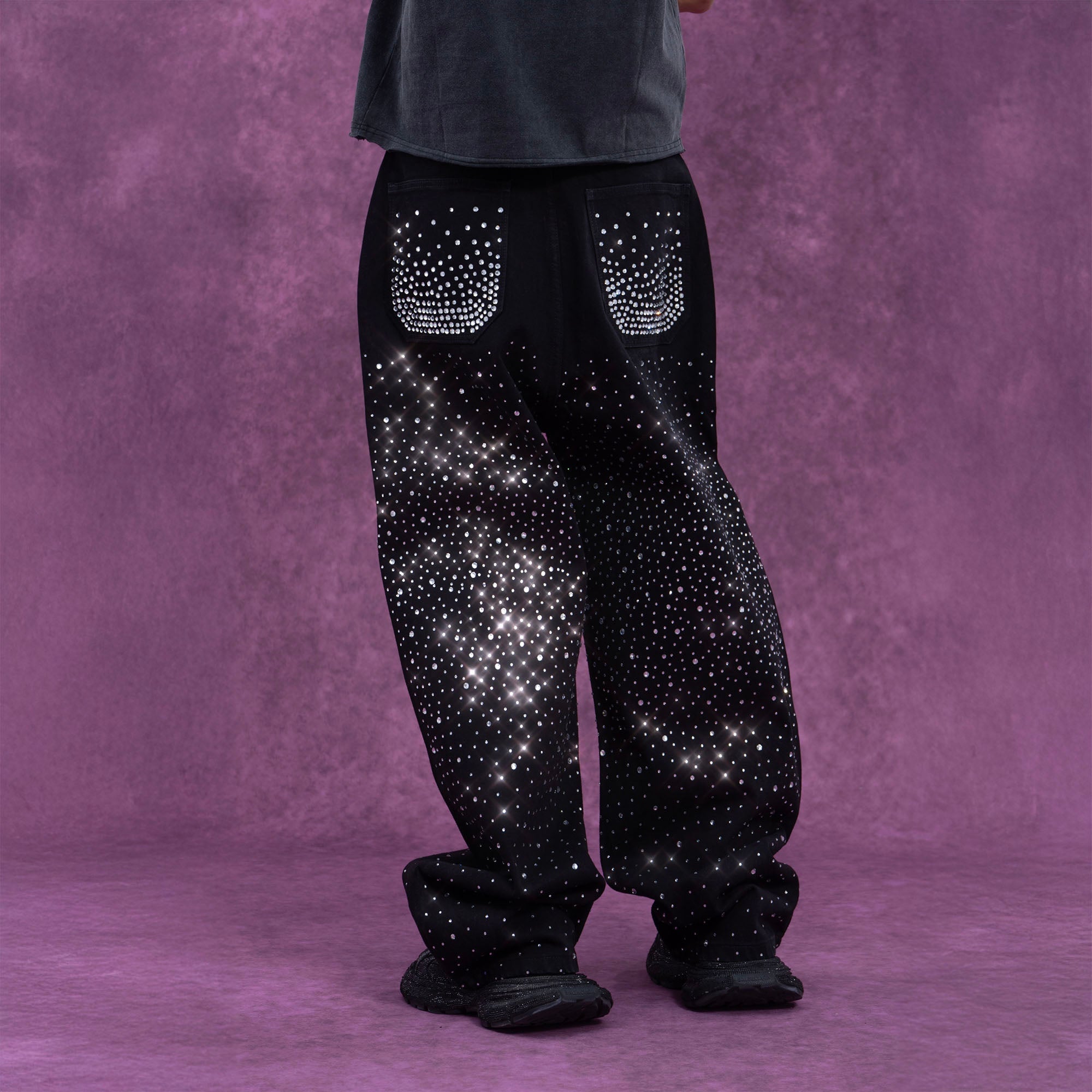 Black Rhinestone Embellished Jeans with Starburst Pattern