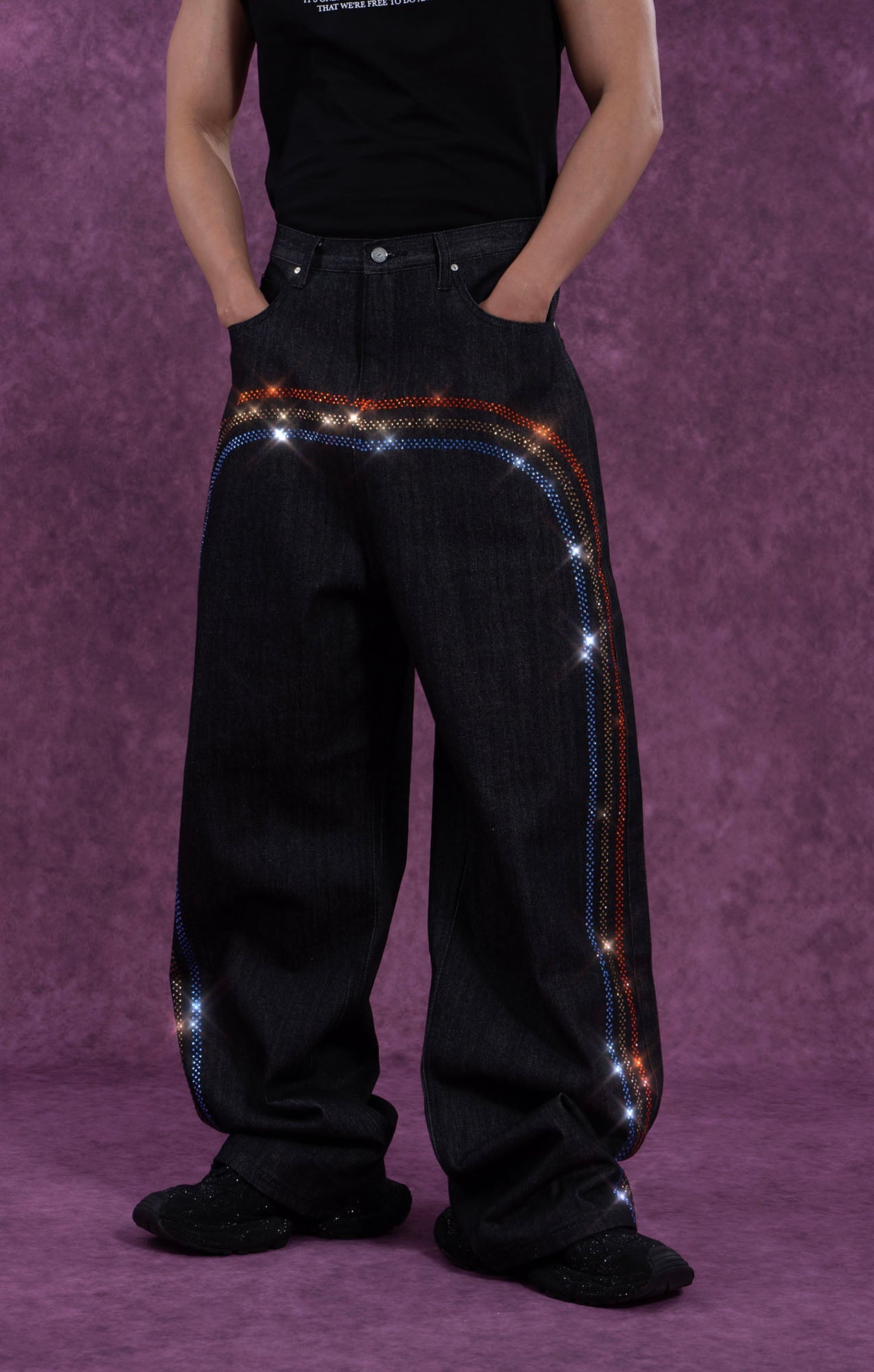 Black Rhinestone Embellished Wide-Leg Jeans