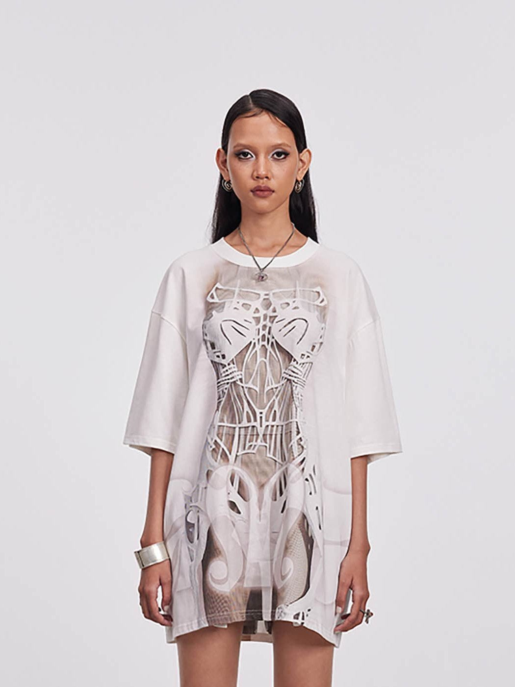 Skeleton Mesh Cutout Oversized Tee