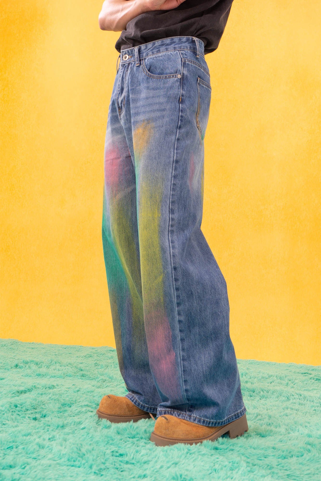 Multicolor Spray Paint Effect Wide-Leg Jeans