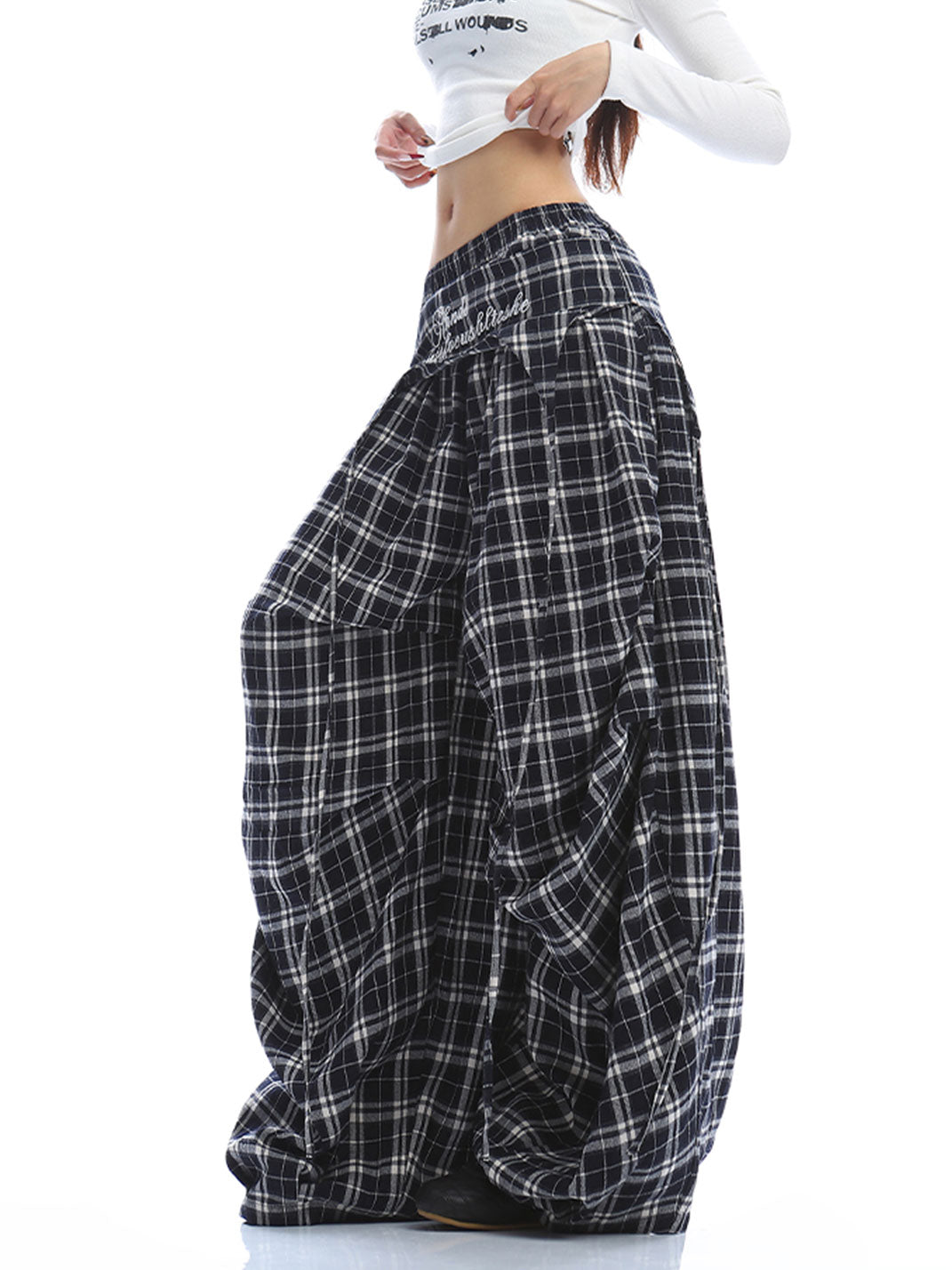 Letter Embroidered Plaid Wide-leg Pants