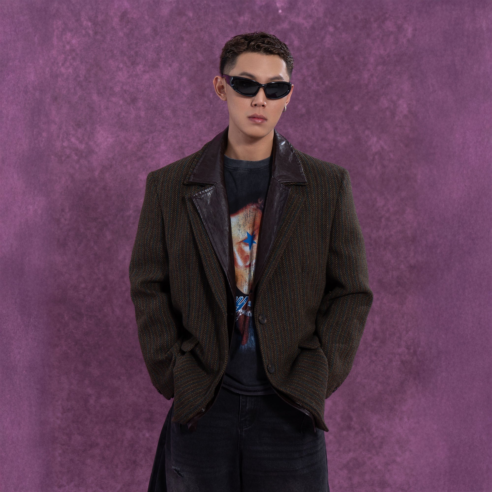 Vintage Herringbone Leather Collar Blazer