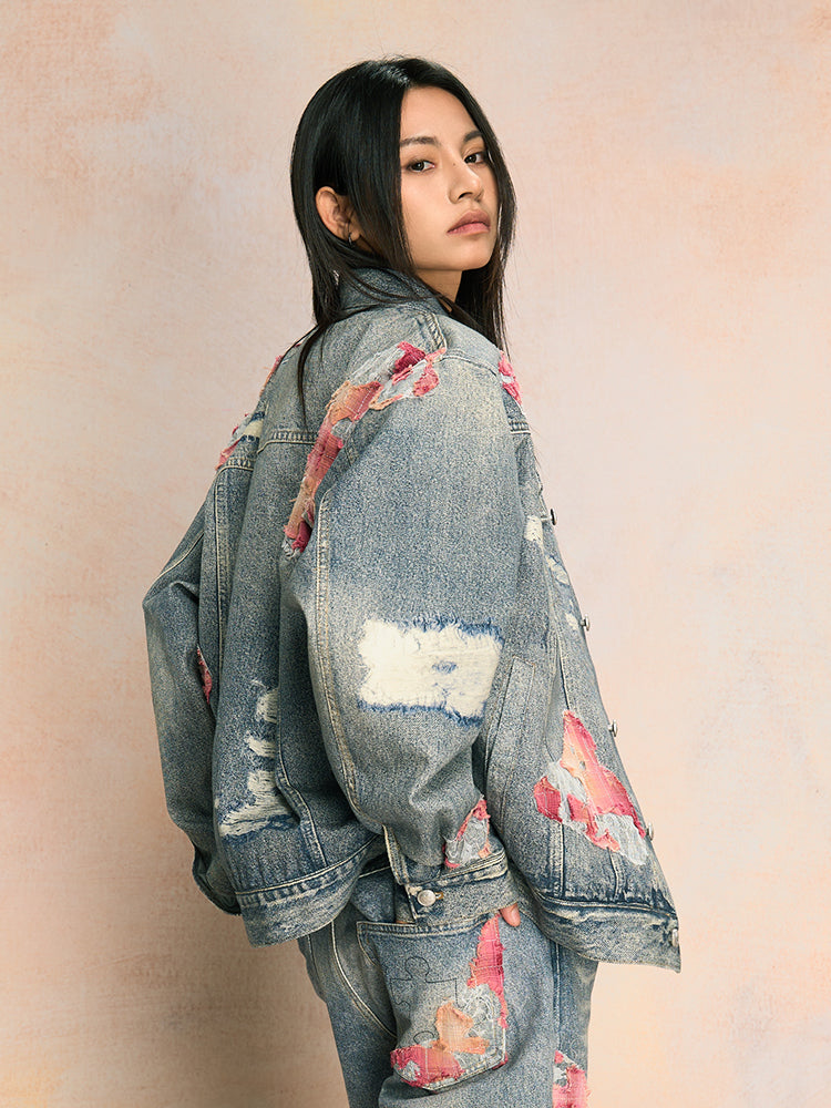 Elegant Evening Lace Printed Patchwork Denim Jacket - chiclara