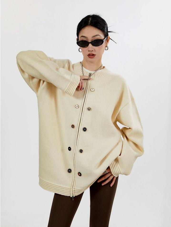 Ribbed Trim Oversized Button Zip Knit Cardigan