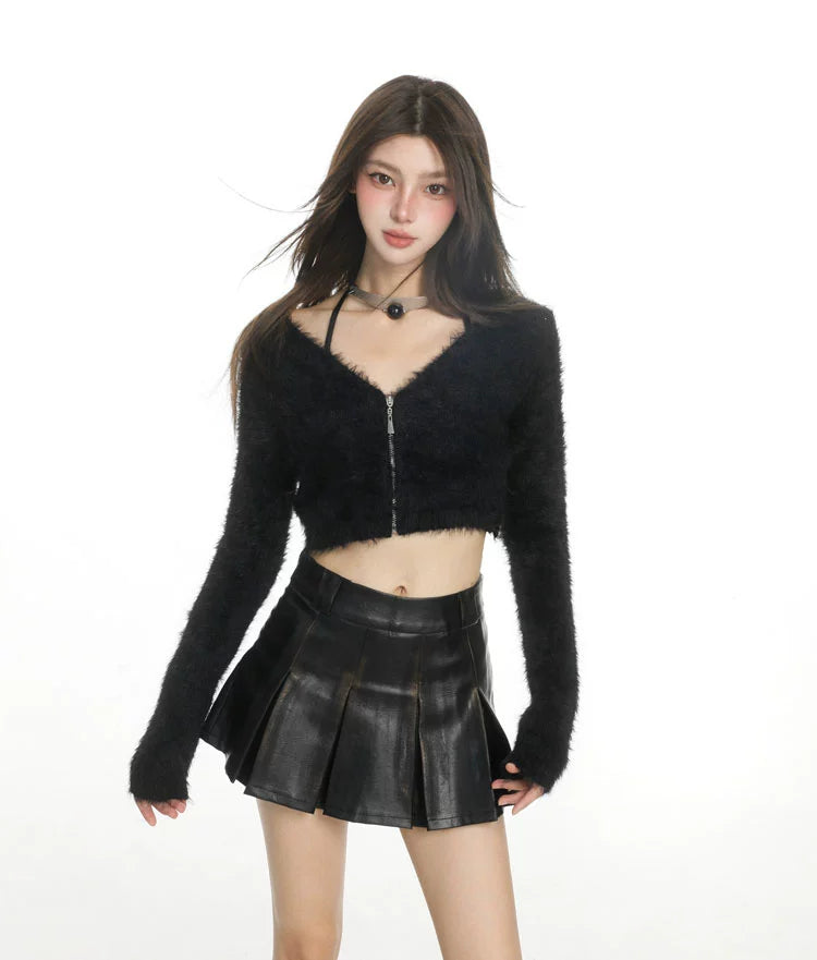 Black Fuzzy Cropped Zip Cardigan